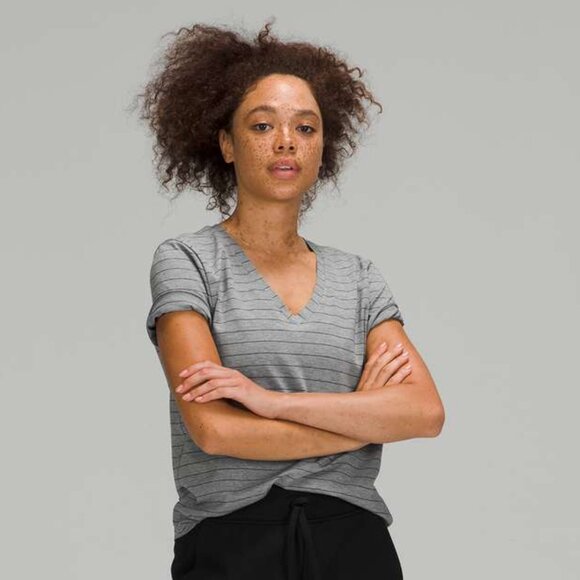 Lululemon Women's Love Tee Short Sleeve V-Neck T-Shirt - Grey/Black Stripe - Picture 1 of 5